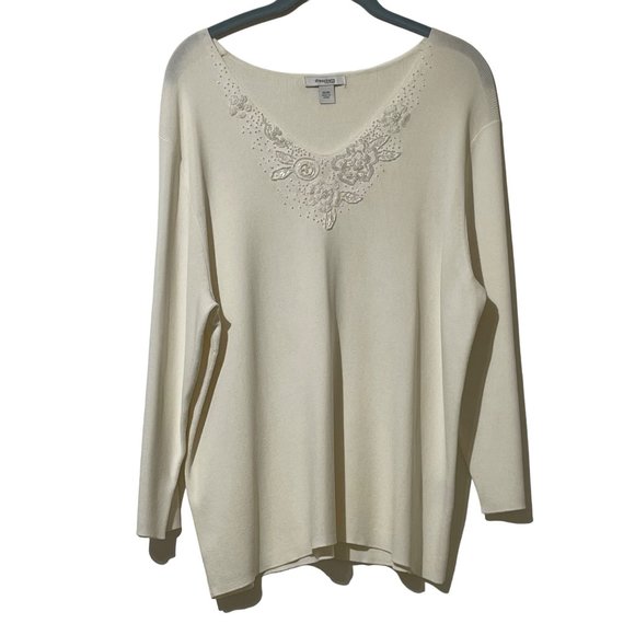 Dressbarn size 14/16 ivory v neck embroidered beaded pearls long sleeve sweater - Picture 1 of 8